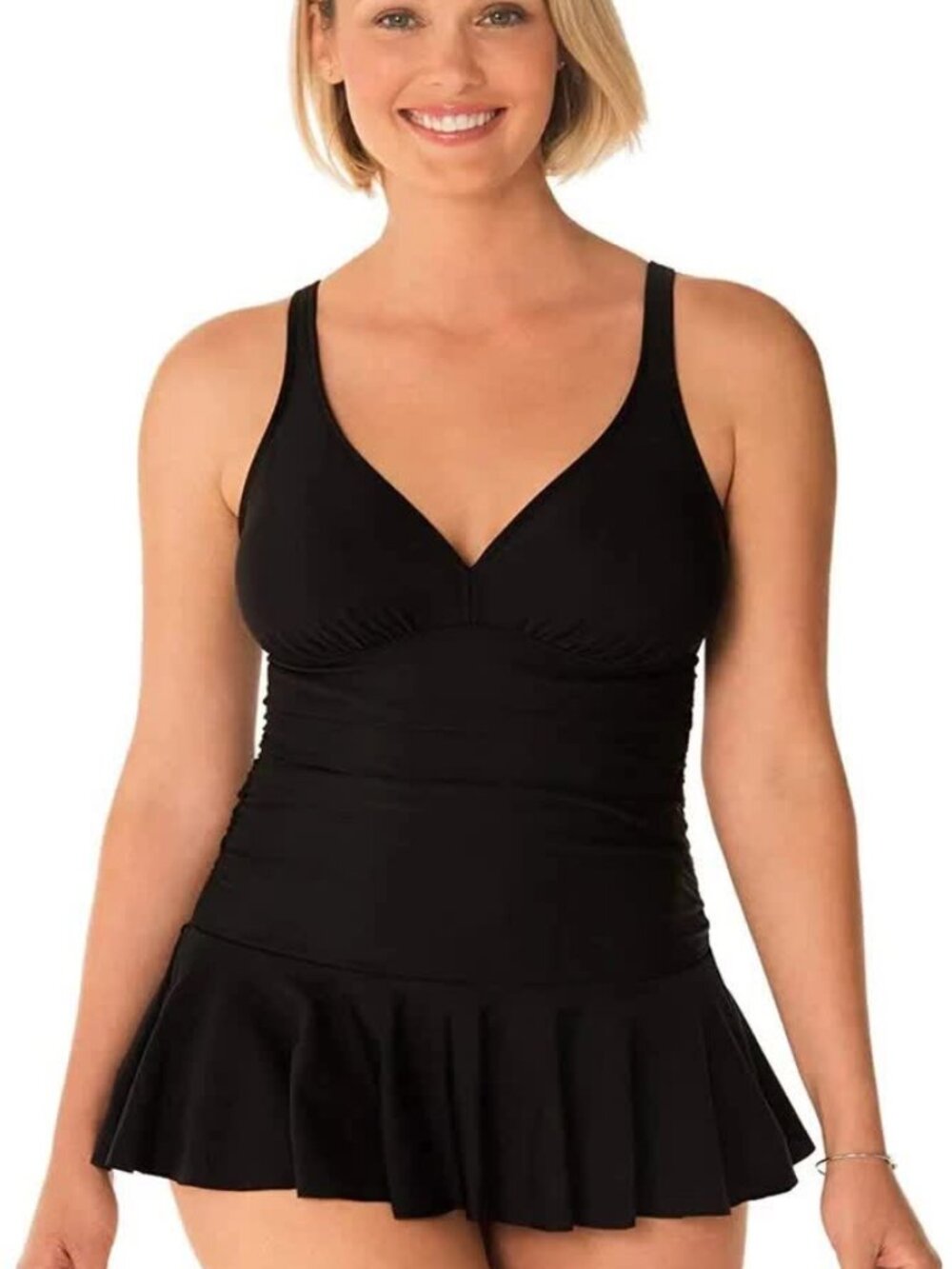 Swim Solutions Women's Skater V-Neck Tummy Control Swimdress Black Size 16